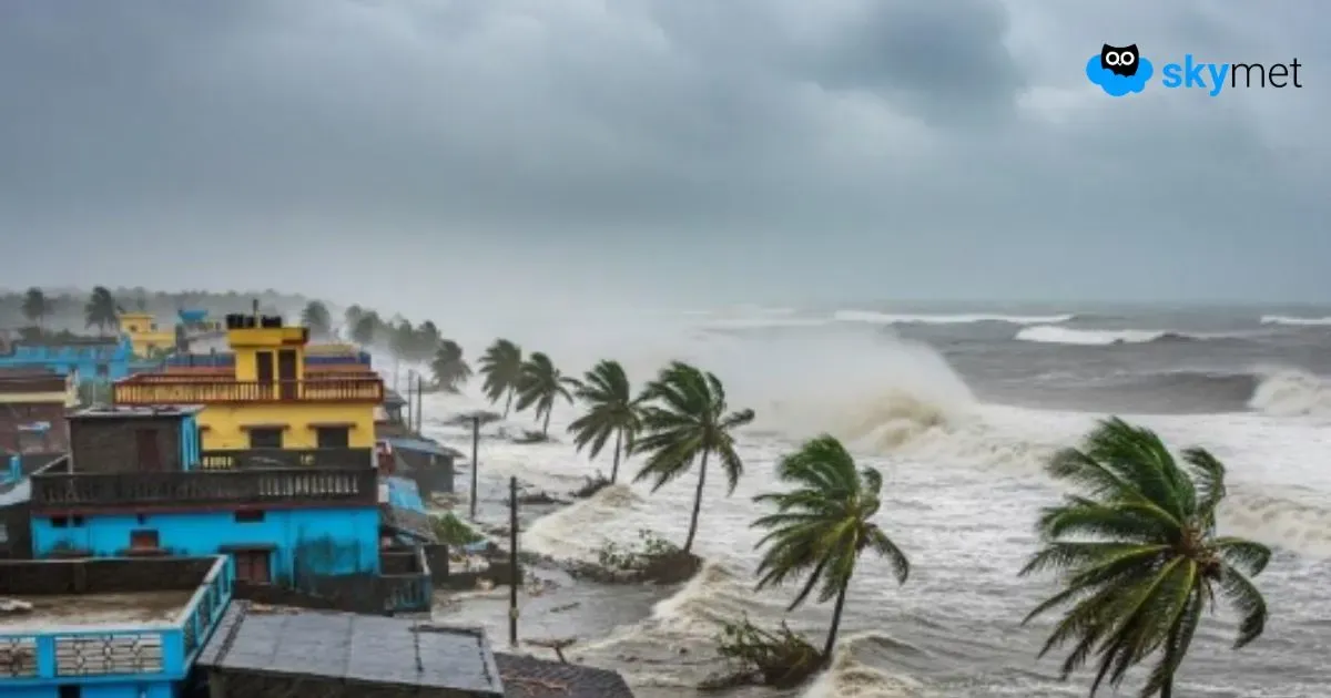 Seawater pushed inland during a cyclone storm surge, flooding coastal houses and trees in India