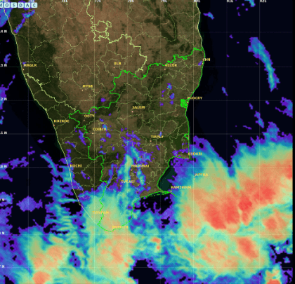 INSAT-3DS imagery shows deep convection building south of Tamil Nadu.